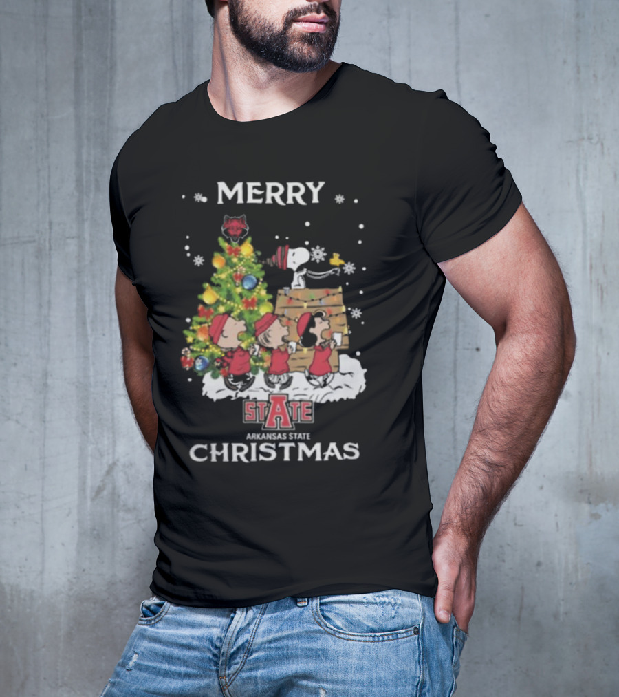 Merry Christmas Arkansas State Red Wolves Snoopy And Friends T-Shirt