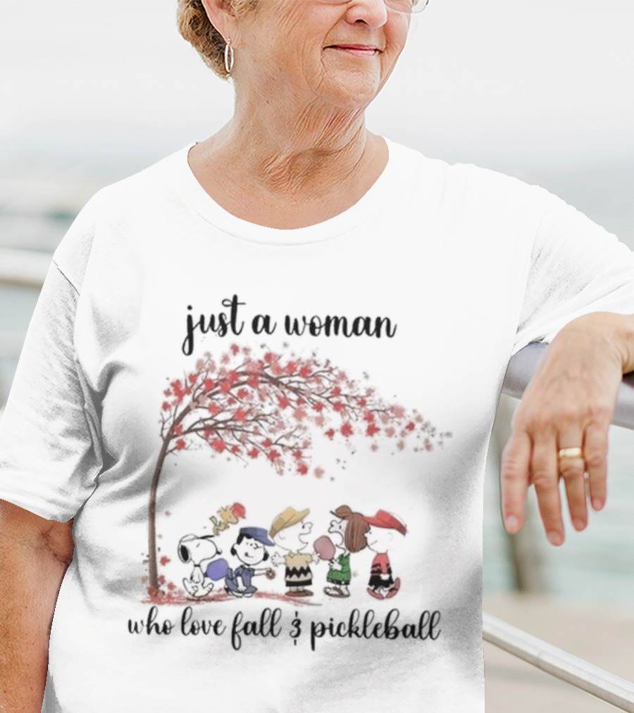 Just A Woman Who Loves Fall And Pickleball Snoopy Peanuts Charlie Brown Woodstock Linus Peppermint Patty T-Shirt