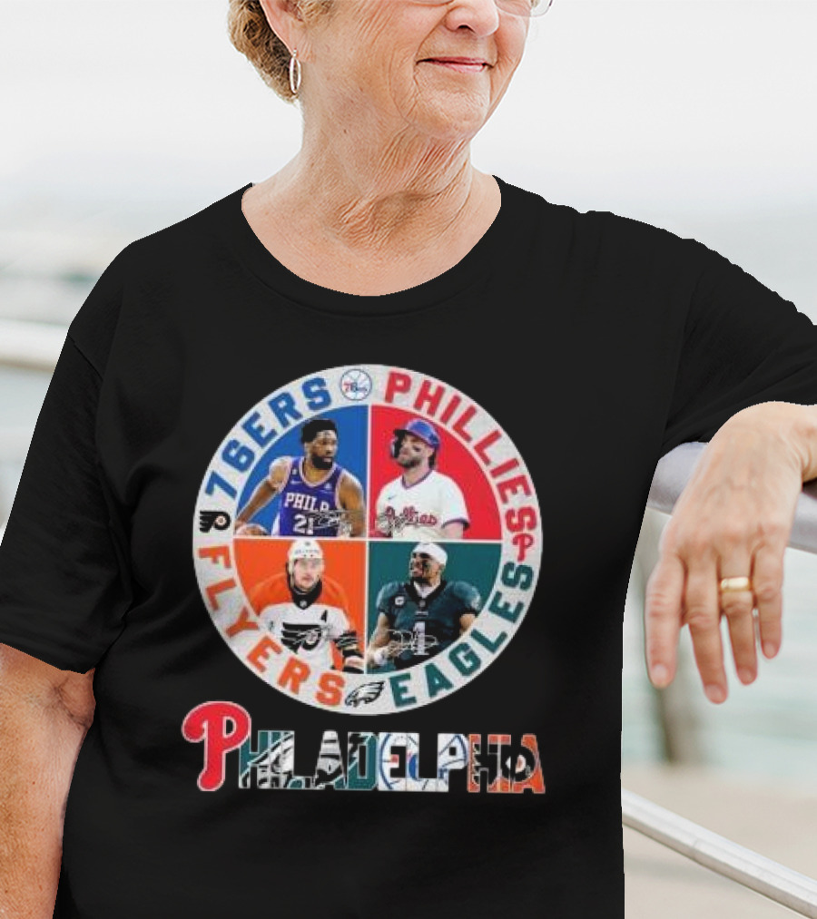 76ers Phillies Flyers Eagles Philadelphia Team Signatures T-Shirt