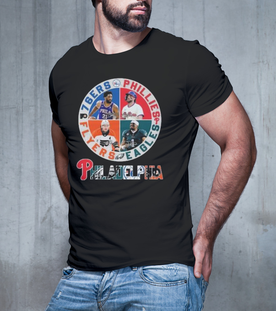 76ers Phillies Flyers Eagles Philadelphia Team Signatures T-Shirt