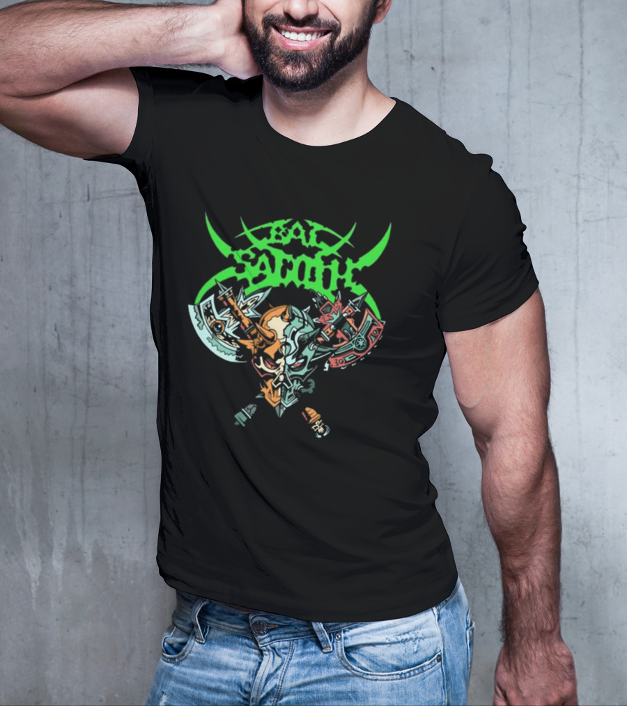 Bal-Sagoth Sigil Dual Skull With Swords And Axes Green And Red T-Shirt