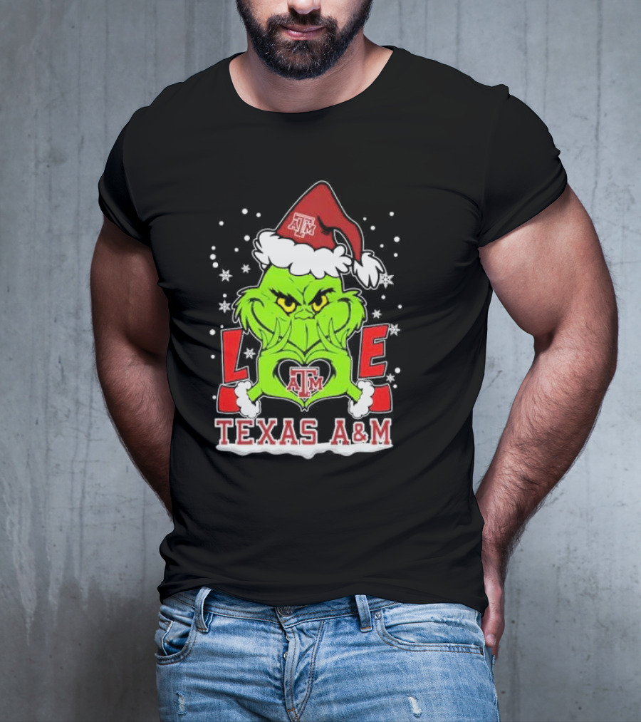 Grinch Heart Hands Love Texas A&M Aggies Christmas Santa Hat T-Shirt