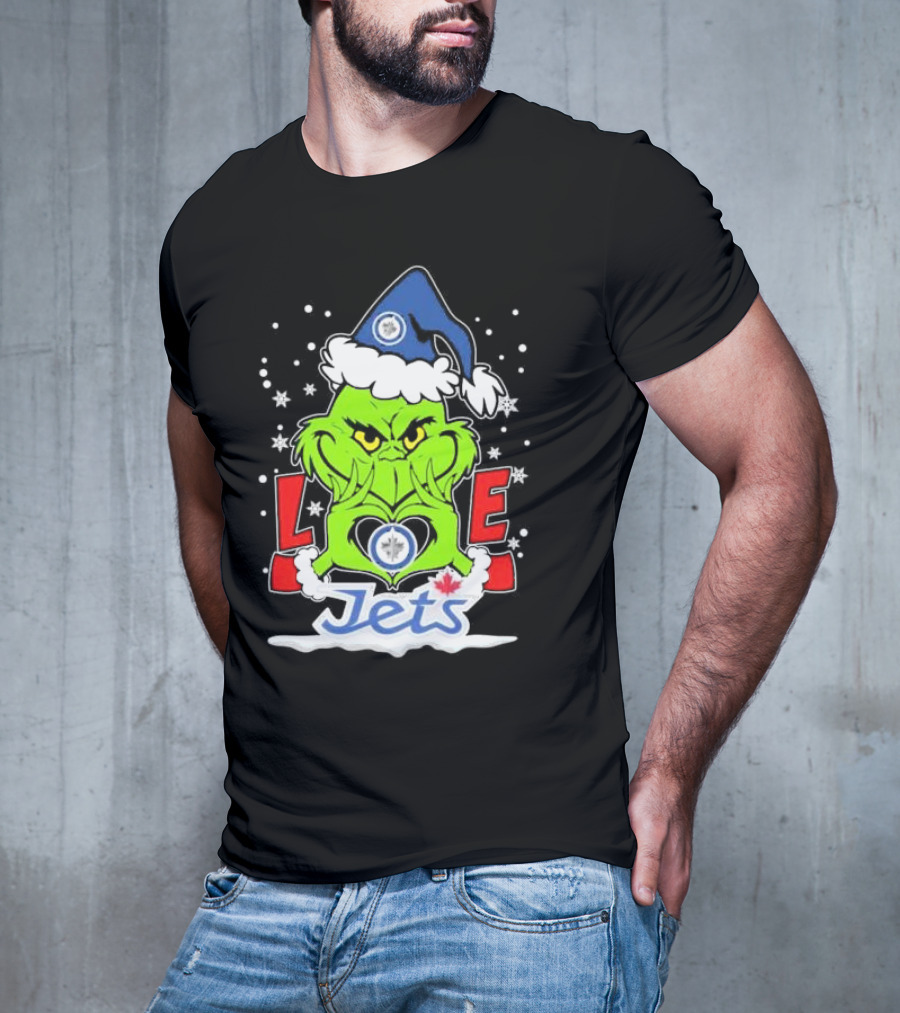 Grinch Heart Hands Love Winnipeg Jets Christmas Santa Hat Snowflakes T-Shirt