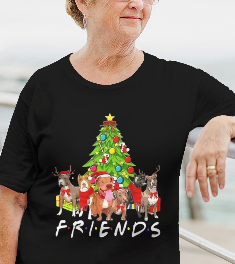 FRIENDS Christmas Tree With Pitbulls In Festive Scarf And Antlers T-Shirt