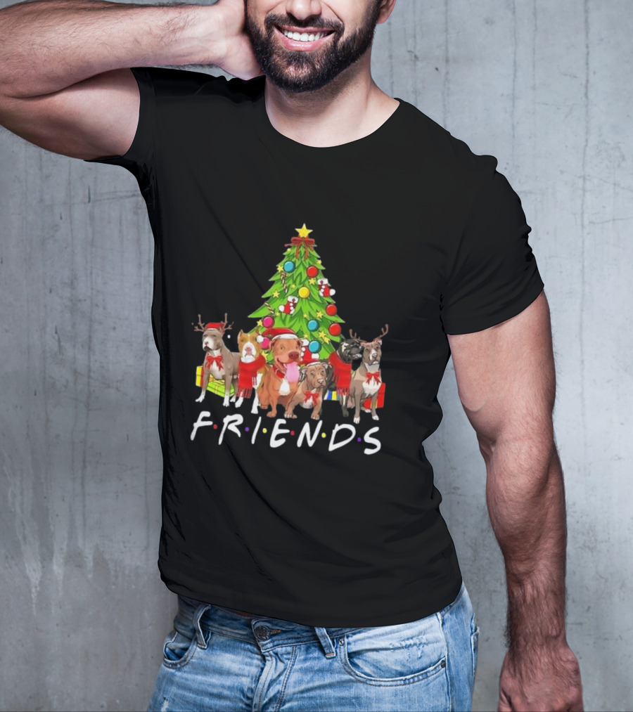 FRIENDS Christmas Tree With Pitbulls In Festive Scarf And Antlers T-Shirt