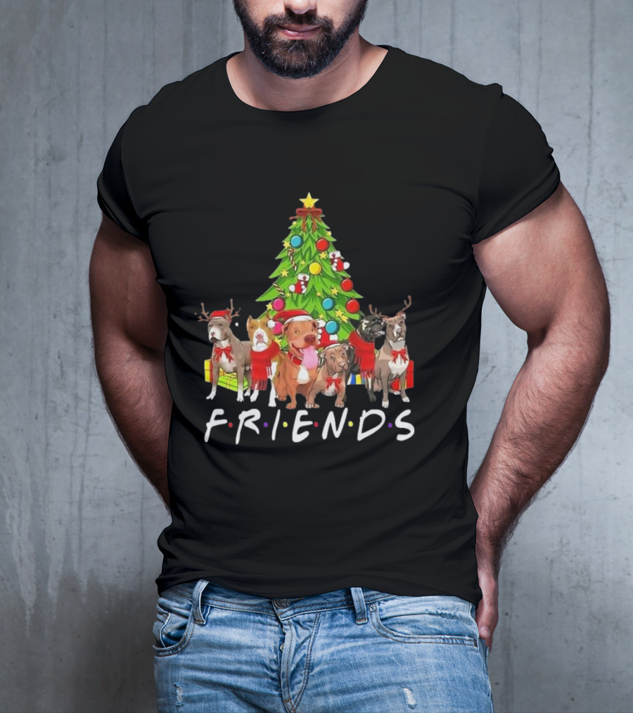 FRIENDS Christmas Tree With Pitbulls In Festive Scarf And Antlers T-Shirt