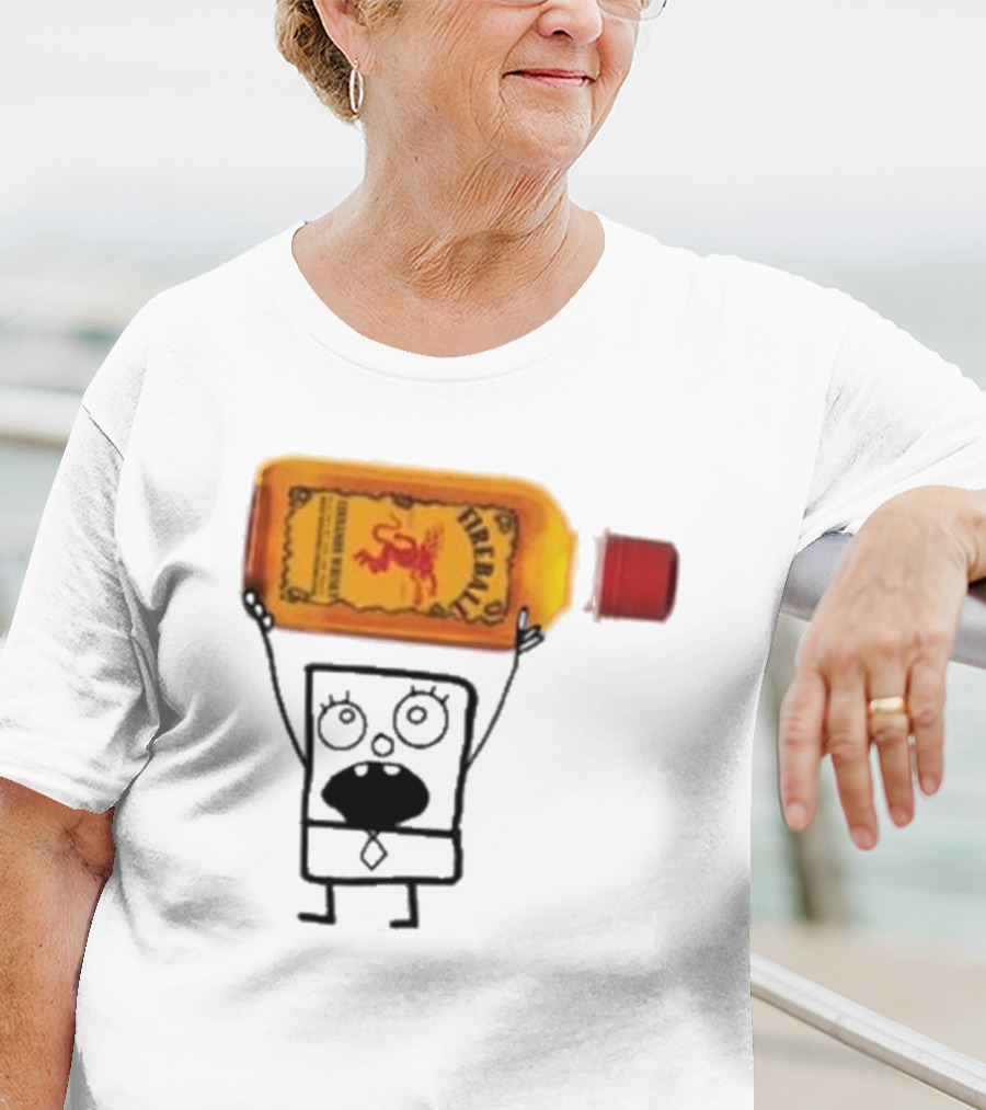 Doodlebob Fireball Whiskey Character Holding Iconic Liquor Bottle T-Shirt