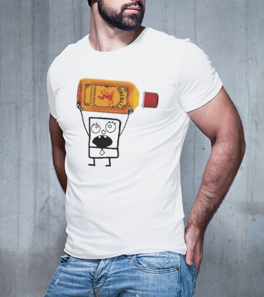 Doodlebob Fireball Whiskey Character Holding Iconic Liquor Bottle T-Shirt