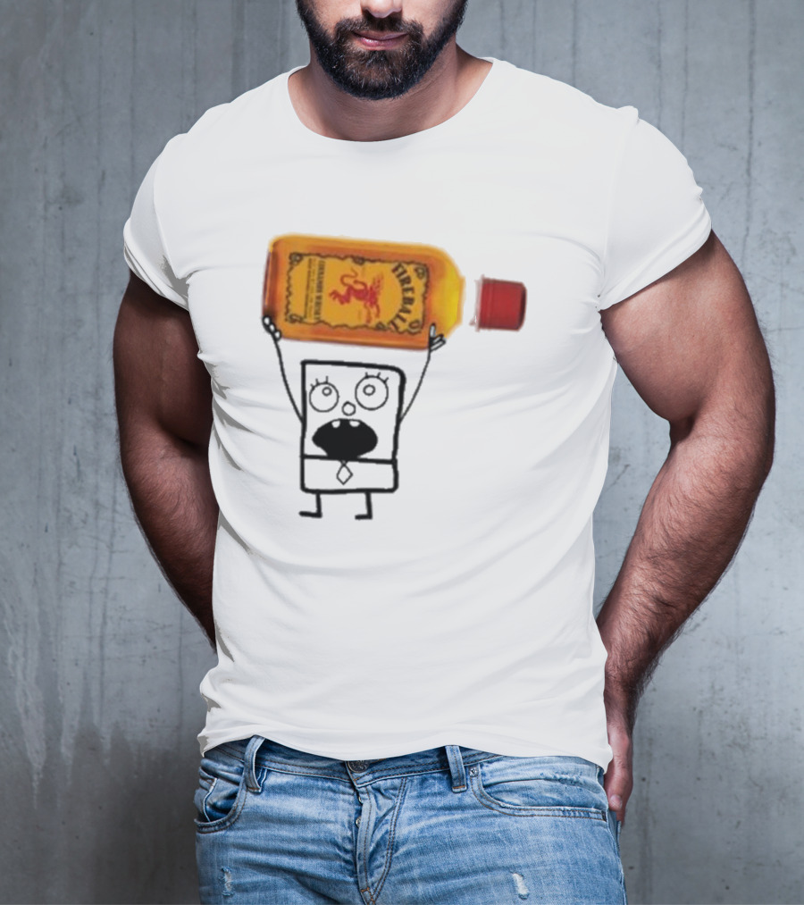 Doodlebob Fireball Whiskey Character Holding Iconic Liquor Bottle T-Shirt