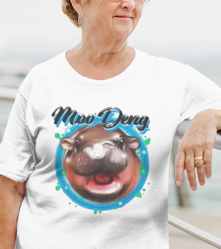 Moo Deng Cute Hippo Face With Blue Background T-Shirt