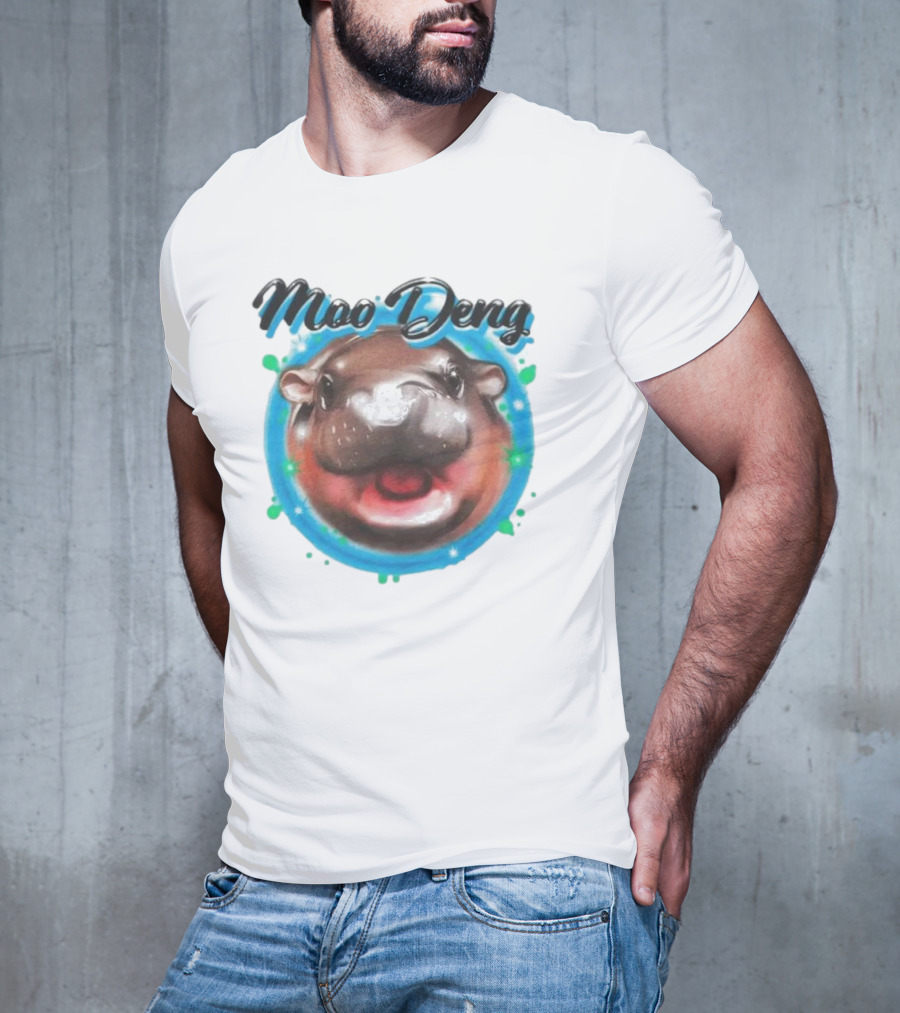 Moo Deng Cute Hippo Face With Blue Background T-Shirt