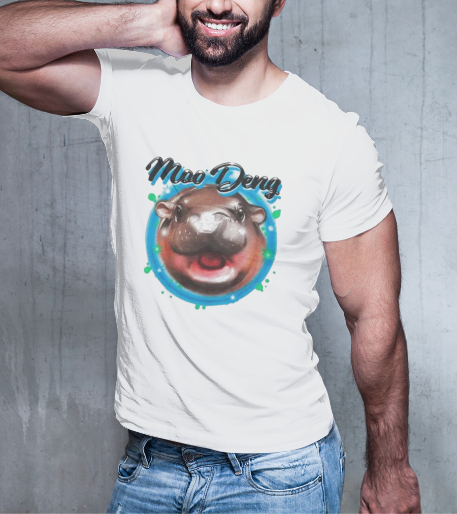 Moo Deng Cute Hippo Face With Blue Background T-Shirt