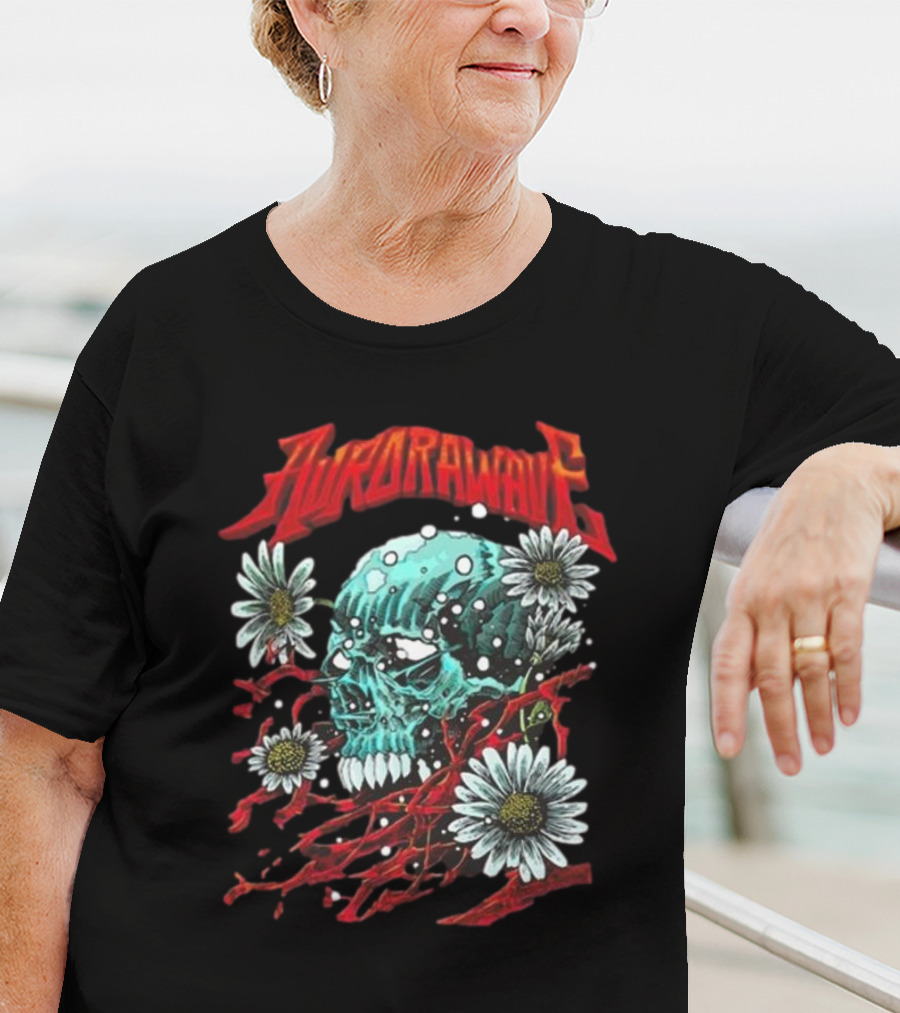 Aurora Wave Skull With Flowers And Red Vines T-Shirt