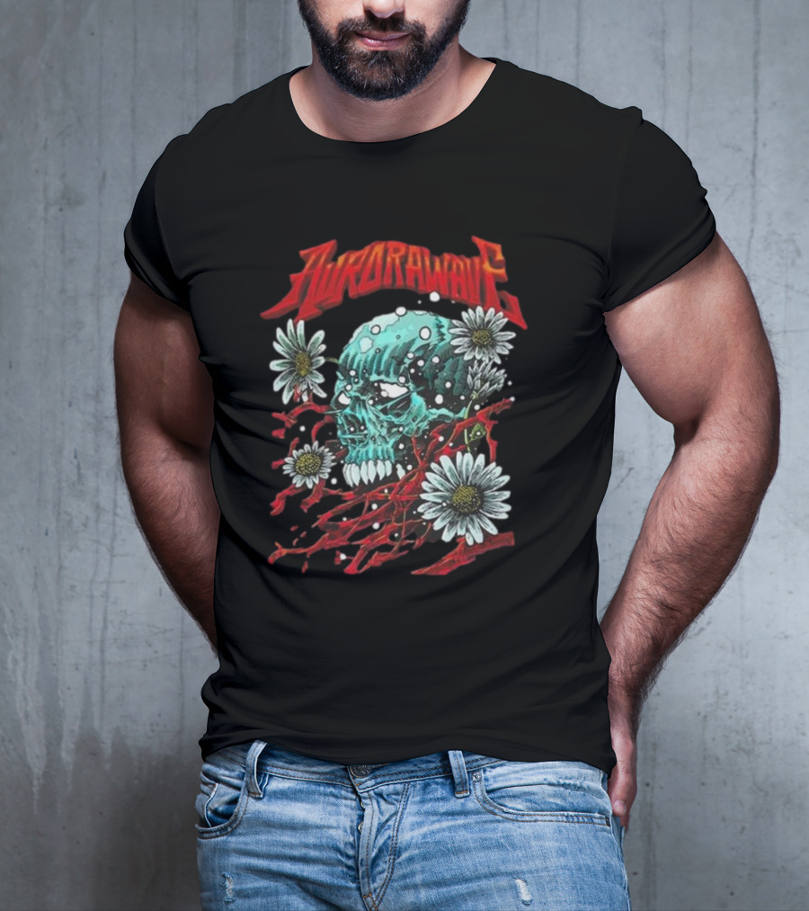 Aurora Wave Skull With Flowers And Red Vines T-Shirt