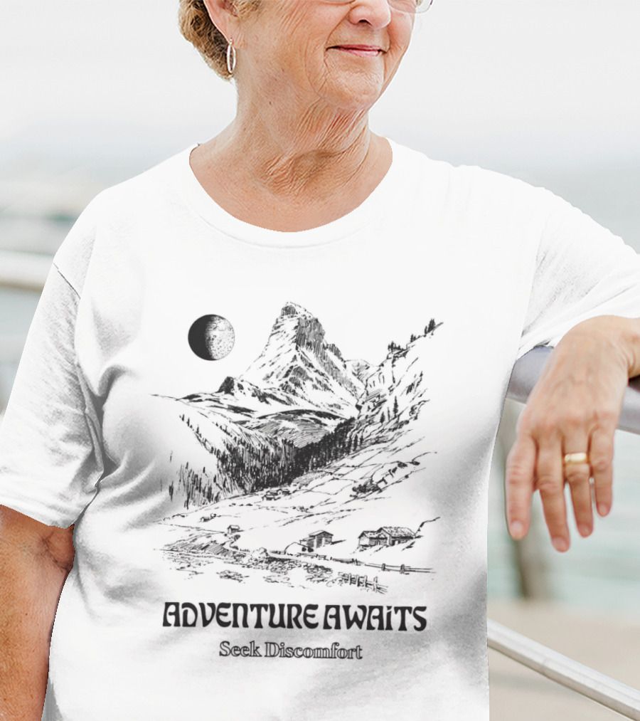Adventure Awaits Seek Discomfort Mountain Landscape Moon T-Shirt