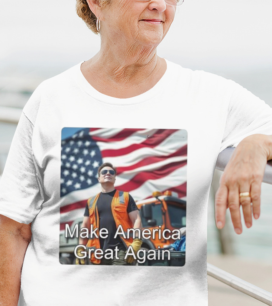 Make America Great Again Elon Musk In Orange Vest With American Flag Background T-Shirt