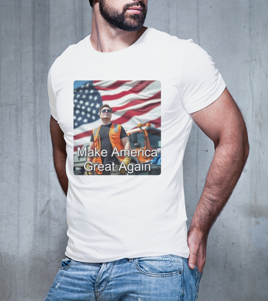 Make America Great Again Elon Musk In Orange Vest With American Flag Background T-Shirt