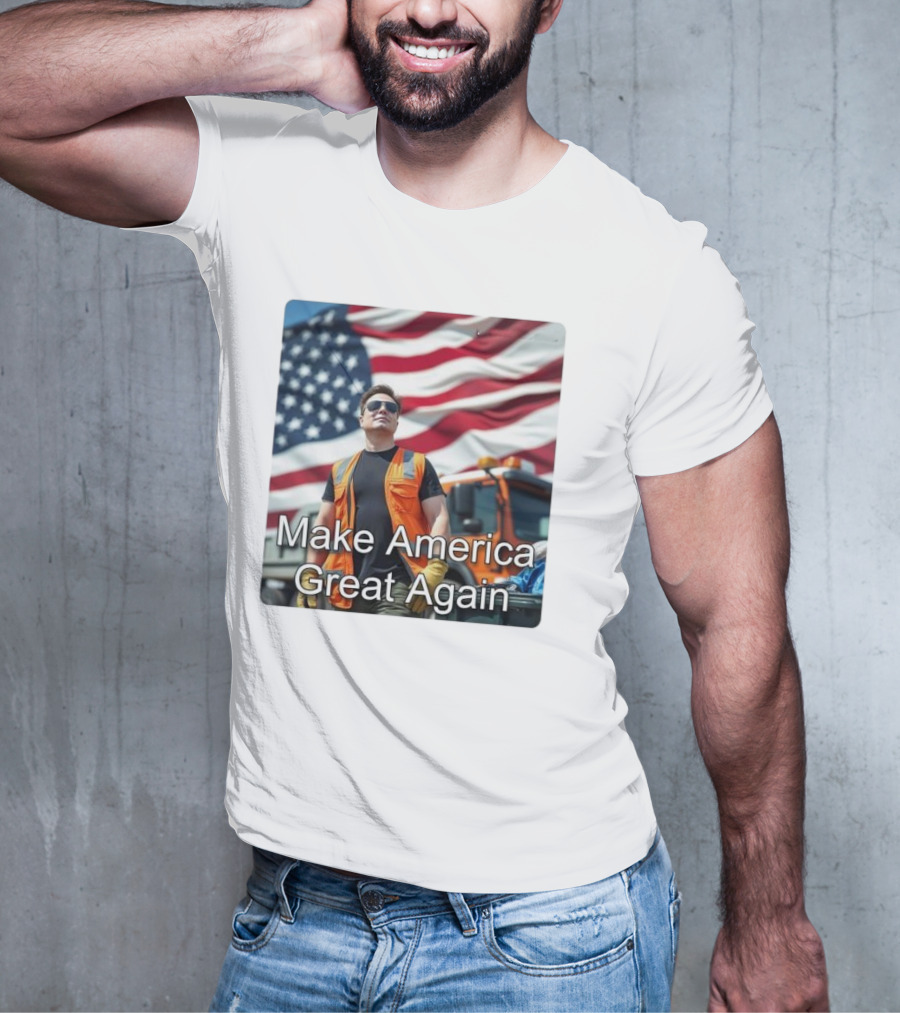 Make America Great Again Elon Musk In Orange Vest With American Flag Background T-Shirt