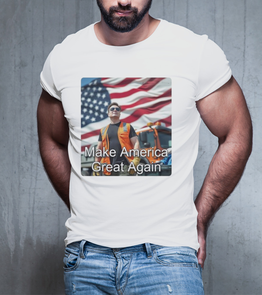 Make America Great Again Elon Musk In Orange Vest With American Flag Background T-Shirt