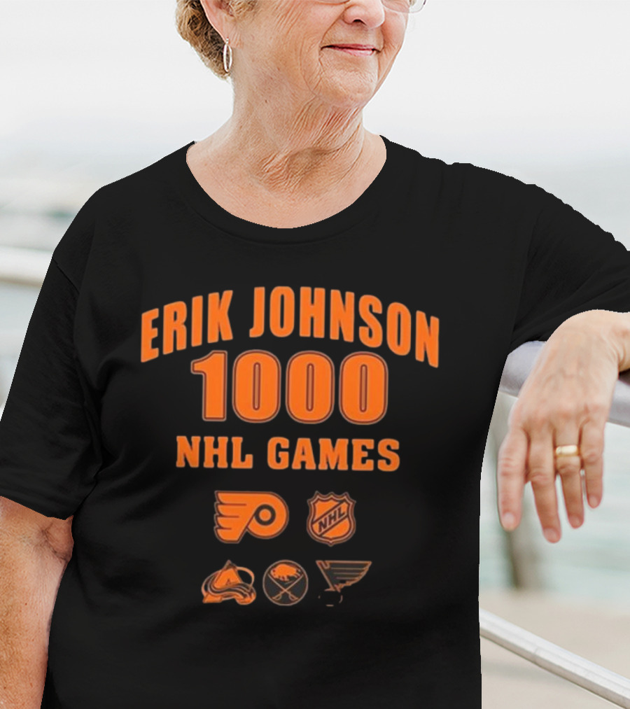 Erik Johnson 1000 NHL Games Philadelphia Flyers Colorado Avalanche Buffalo Sabres St. Louis Blues T-Shirt