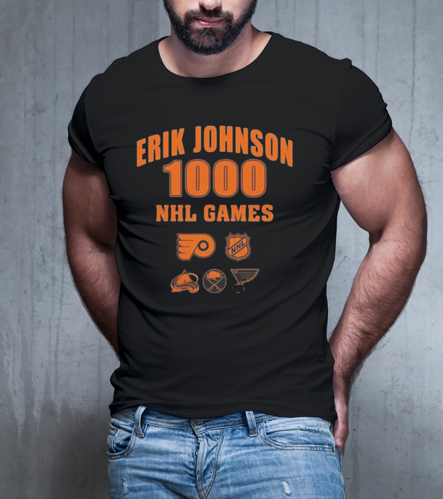 Erik Johnson 1000 NHL Games Philadelphia Flyers Colorado Avalanche Buffalo Sabres St. Louis Blues T-Shirt