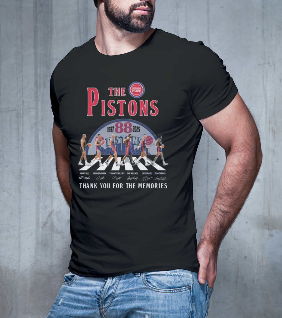 The Pistons 88 1937-2025 Thank You For The Memories Walking Signatures Grant Hill Dennis Rodman Chauncey Billups Ben Wallace Joe Dumars Isiah Thomas T-Shirt