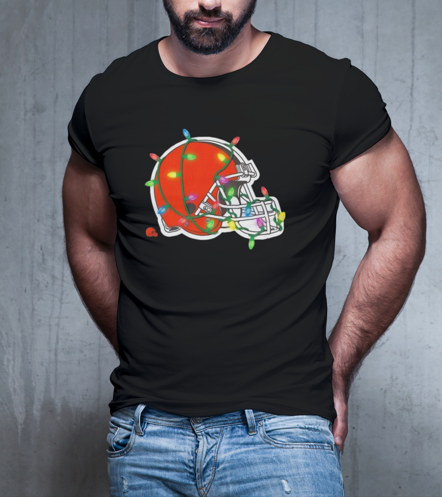 Cleveland Browns Helmet Wrapped In Holiday Lights T-Shirt