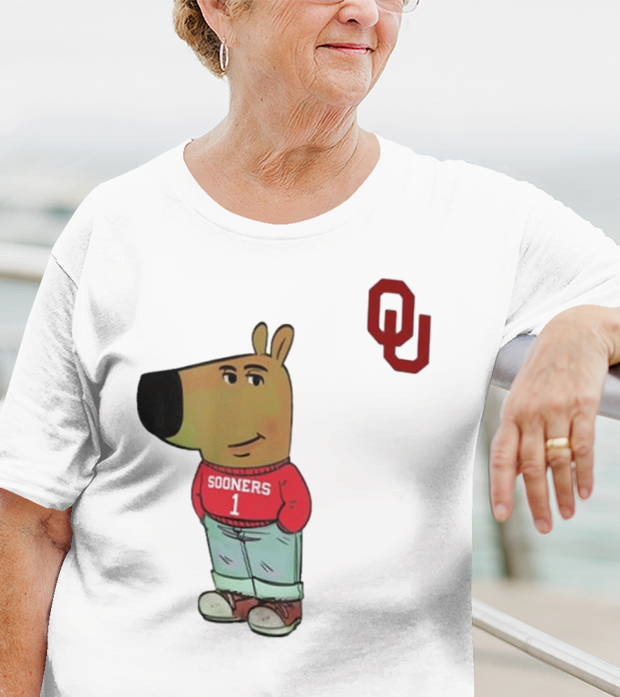 Oklahoma Sooners Chill Guy Cartoon Mascot Standing With OU Logo T-Shirt