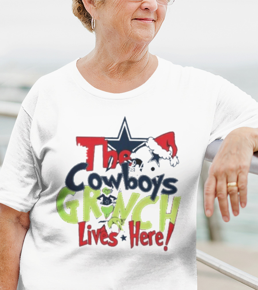 The Cowboys Grinch Lives Here Santa Hat Christmas T-Shirt