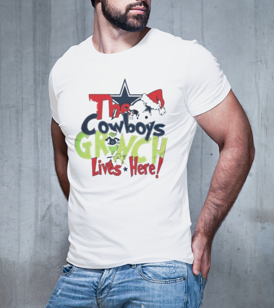 The Cowboys Grinch Lives Here Santa Hat Christmas T-Shirt