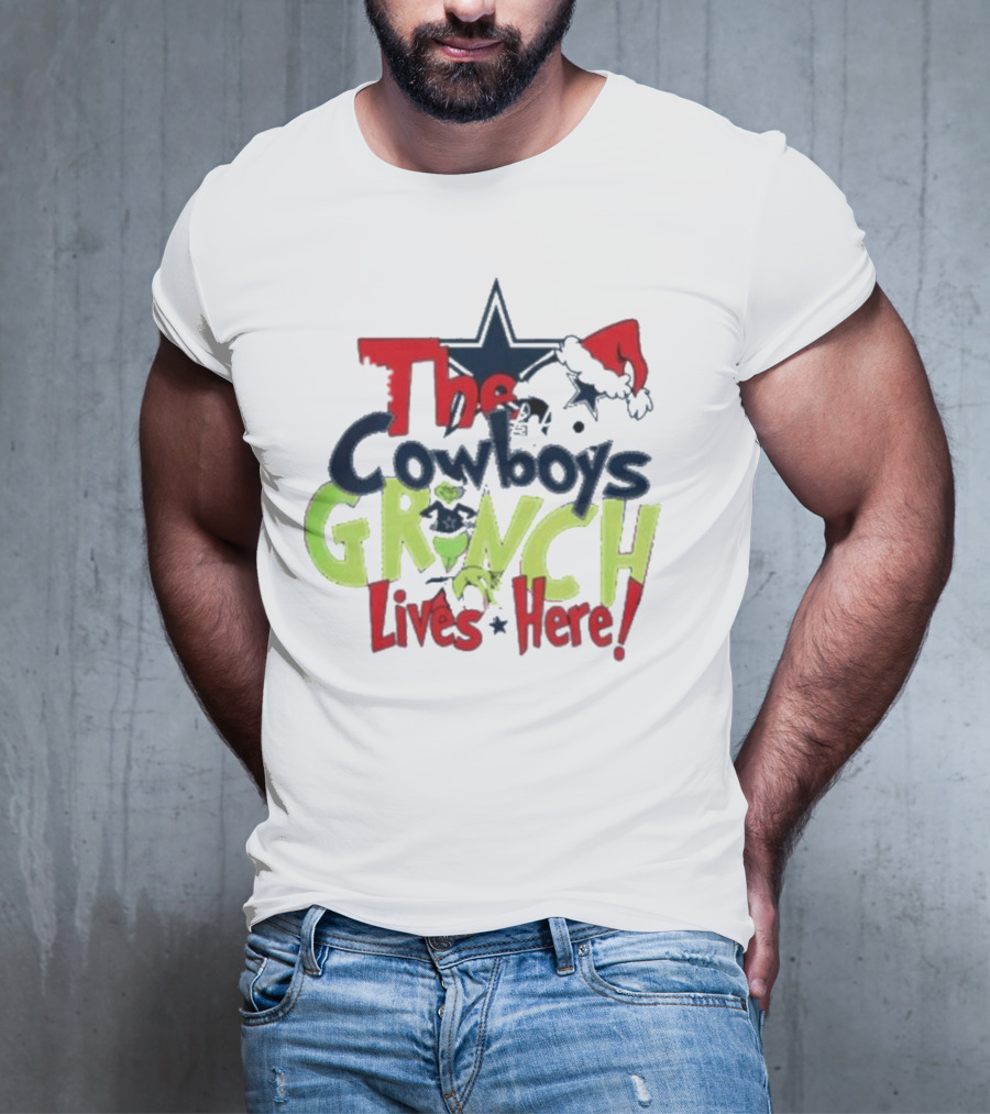 The Cowboys Grinch Lives Here Santa Hat Christmas T-Shirt