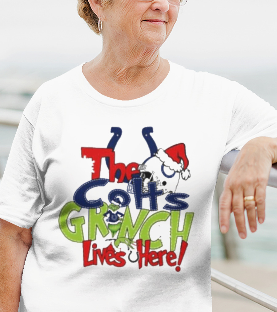 The Indianapolis Colts Grinch Lives Here Christmas Santa Hat T-Shirt