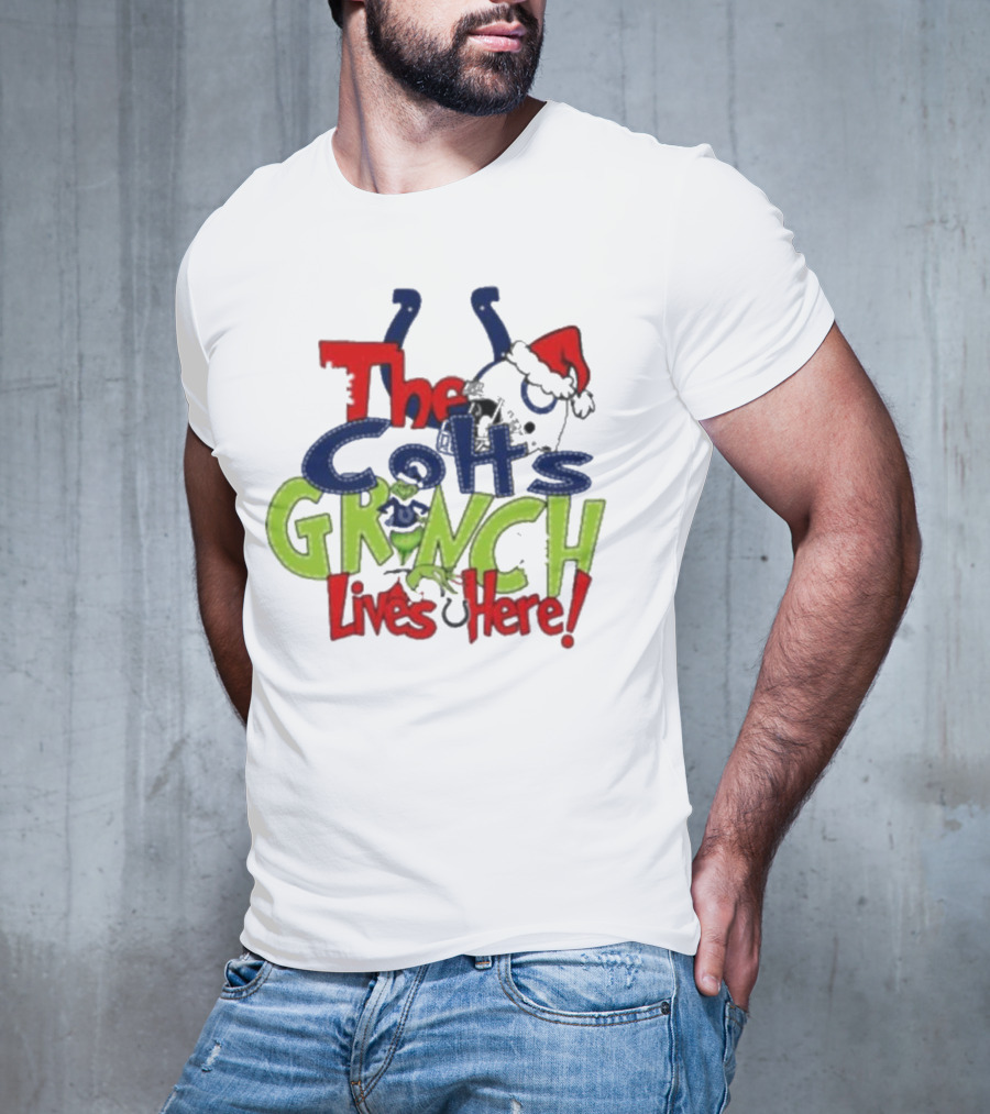 The Indianapolis Colts Grinch Lives Here Christmas Santa Hat T-Shirt