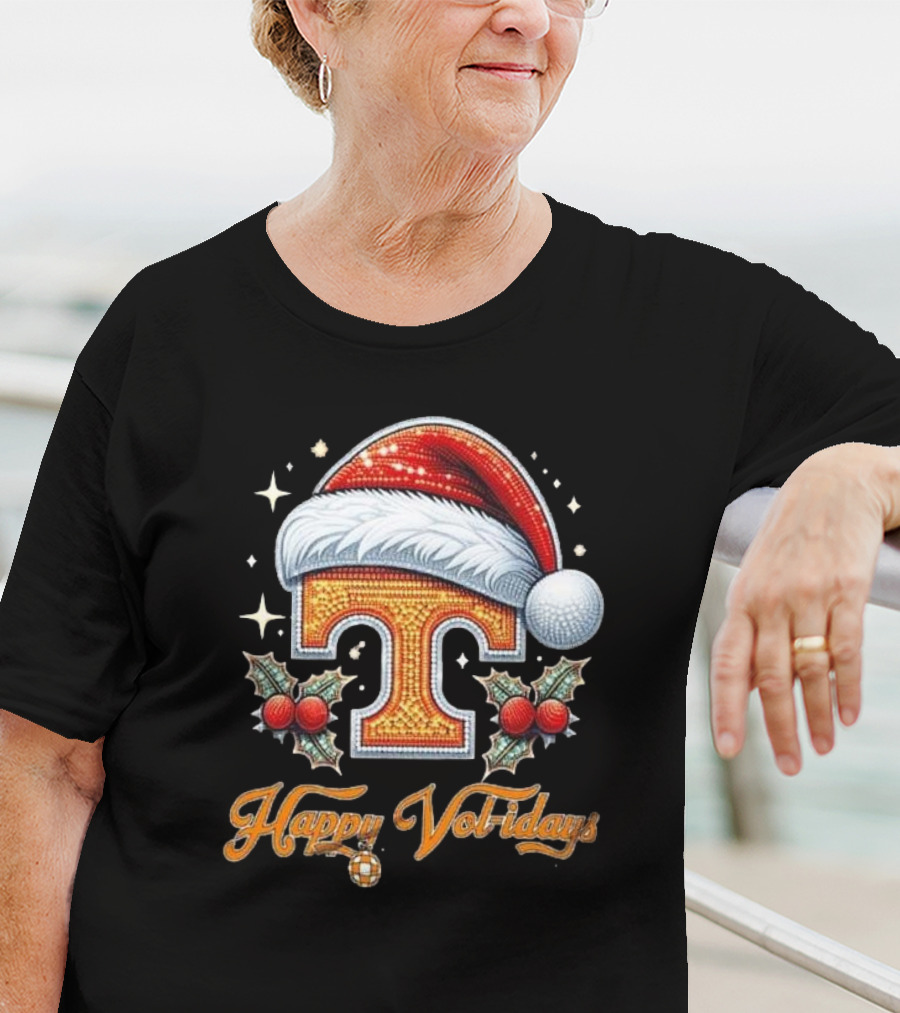 Happy Vol-idays Santa Hat T With Holly And Stars T-Shirt