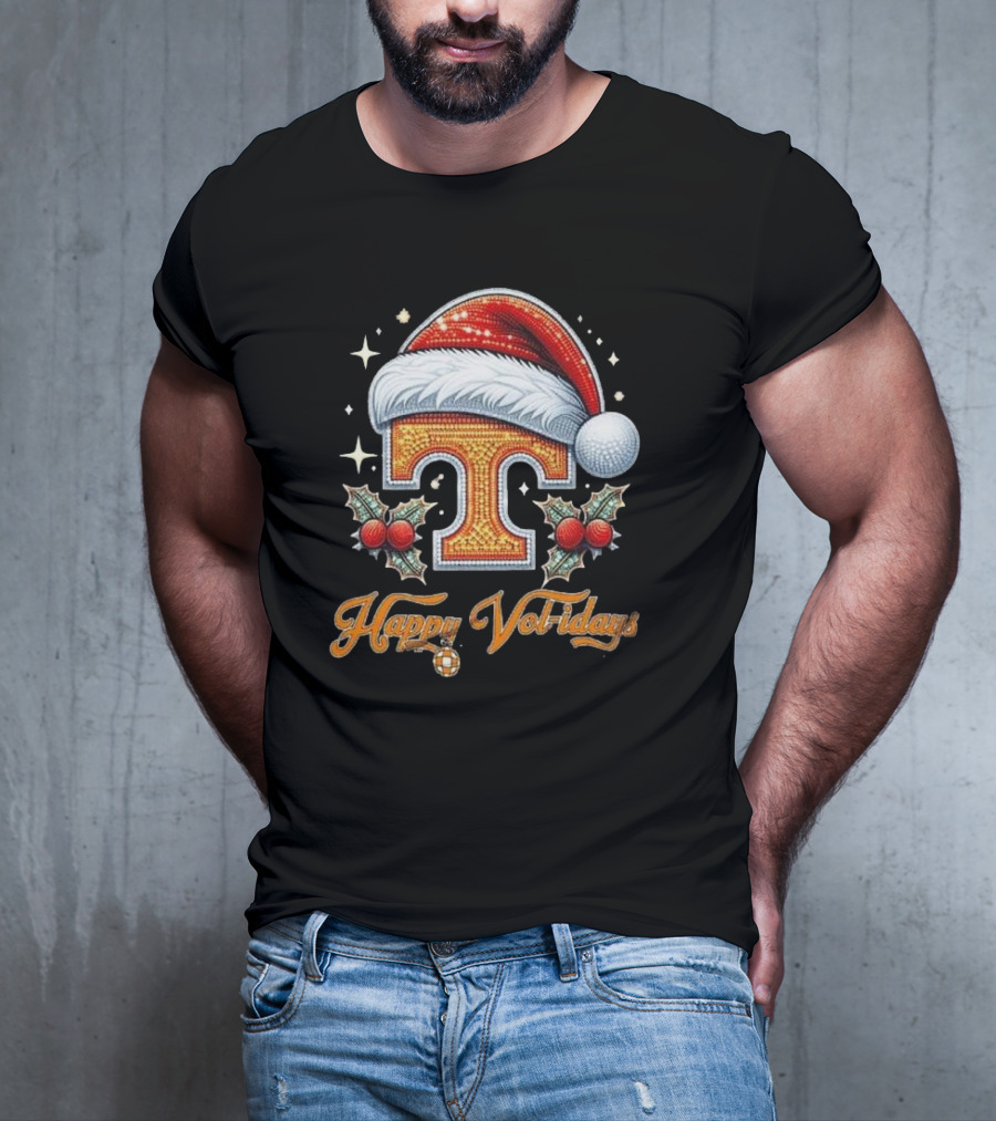 Happy Vol-idays Santa Hat T With Holly And Stars T-Shirt