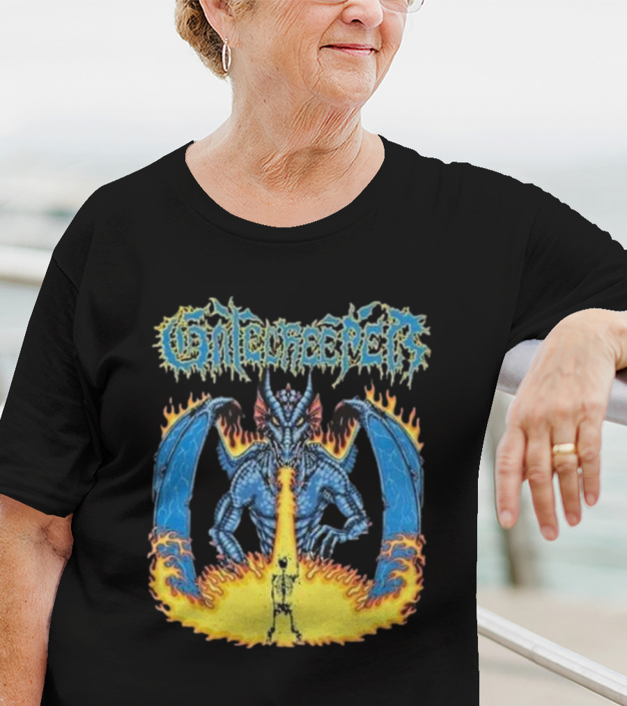 Gatecreeper Blue Dragon Breathing Fire With Fiery Surroundings T-Shirt
