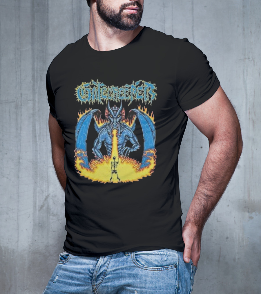 Gatecreeper Blue Dragon Breathing Fire With Fiery Surroundings T-Shirt