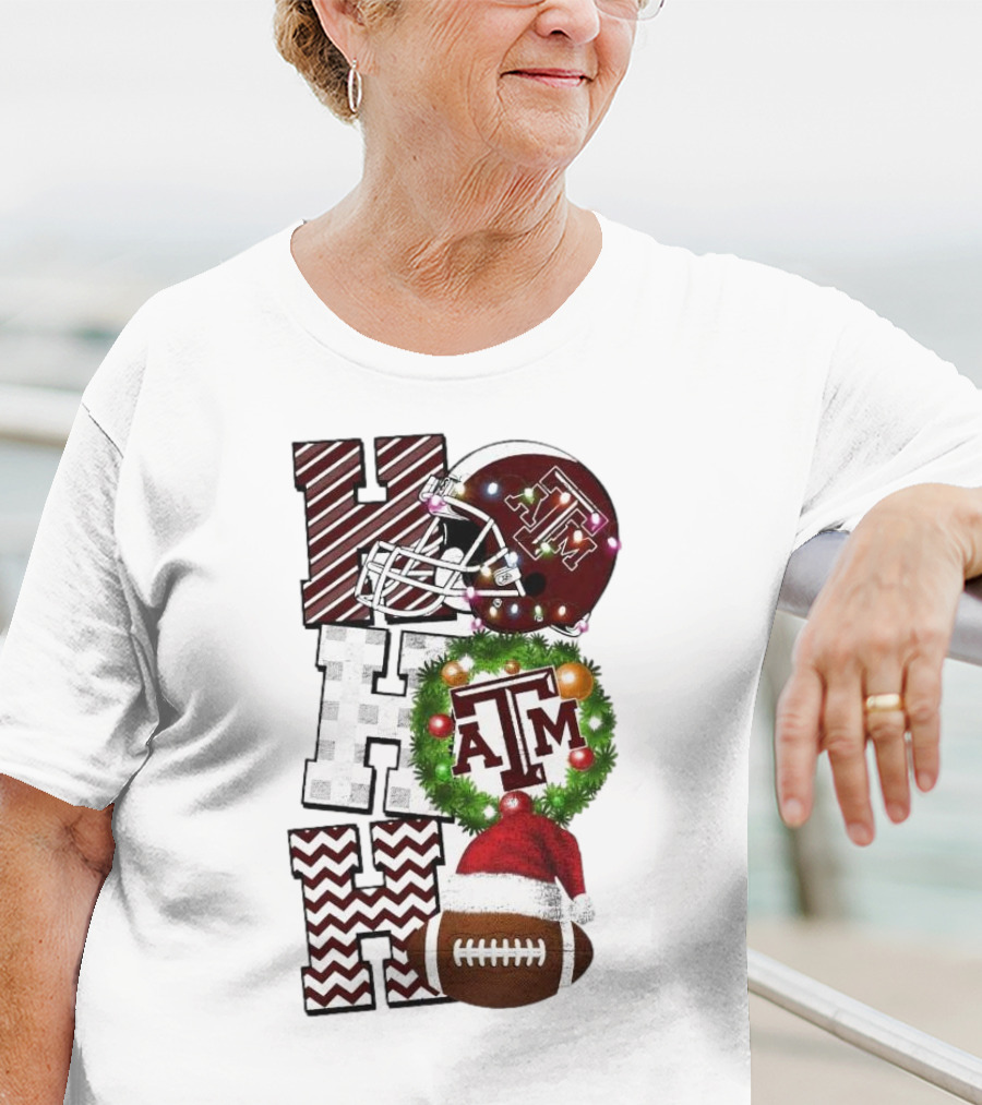 Texas A M Aggies Football Christmas Ho Ho Ho ATM Helmet Wreath Football T-Shirt