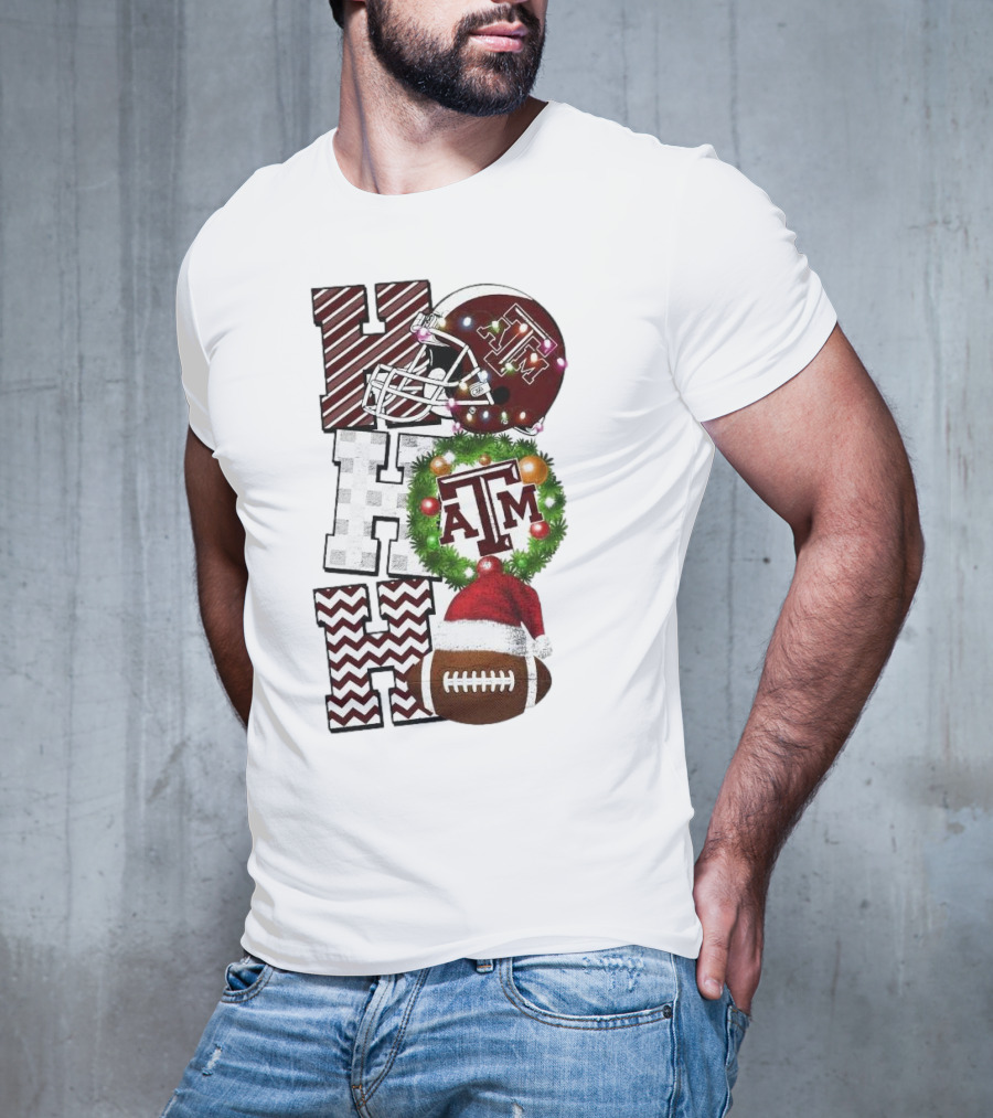 Texas A M Aggies Football Christmas Ho Ho Ho ATM Helmet Wreath Football T-Shirt