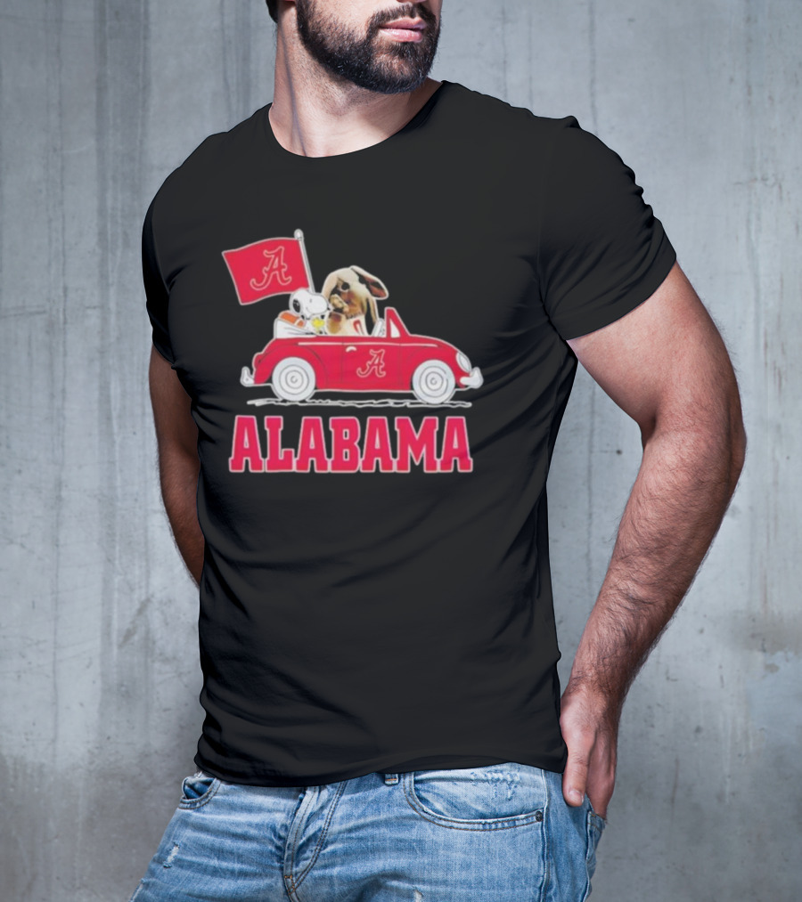 Snoopy And Big Al Driving Red Car With Alabama Flag Crimson Tide T-Shirt