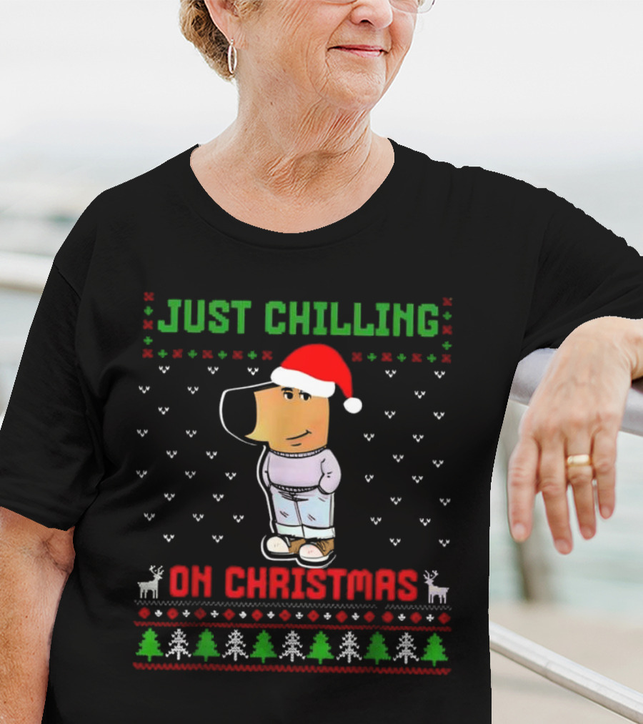 Just Chilling On Christmas Ugly Sweater Santa Hat Dog T-Shirt