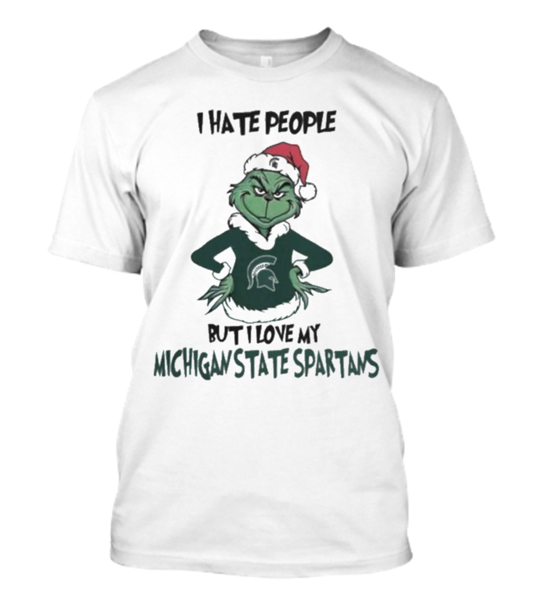 I Hate People But I Love My Michigan State Spartans Grinch Christmas Santa Hat T-Shirt