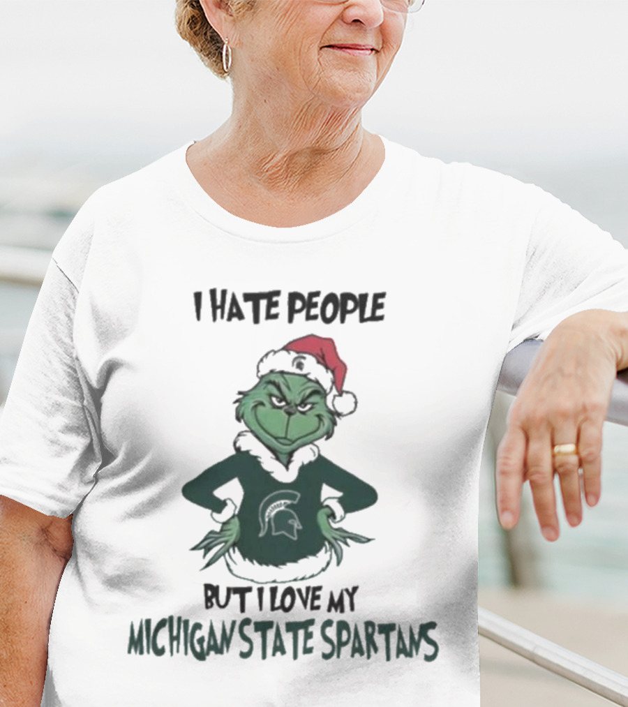 I Hate People But I Love My Michigan State Spartans Grinch Christmas Santa Hat T-Shirt