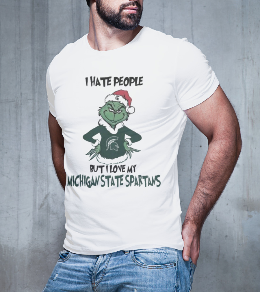 I Hate People But I Love My Michigan State Spartans Grinch Christmas Santa Hat T-Shirt