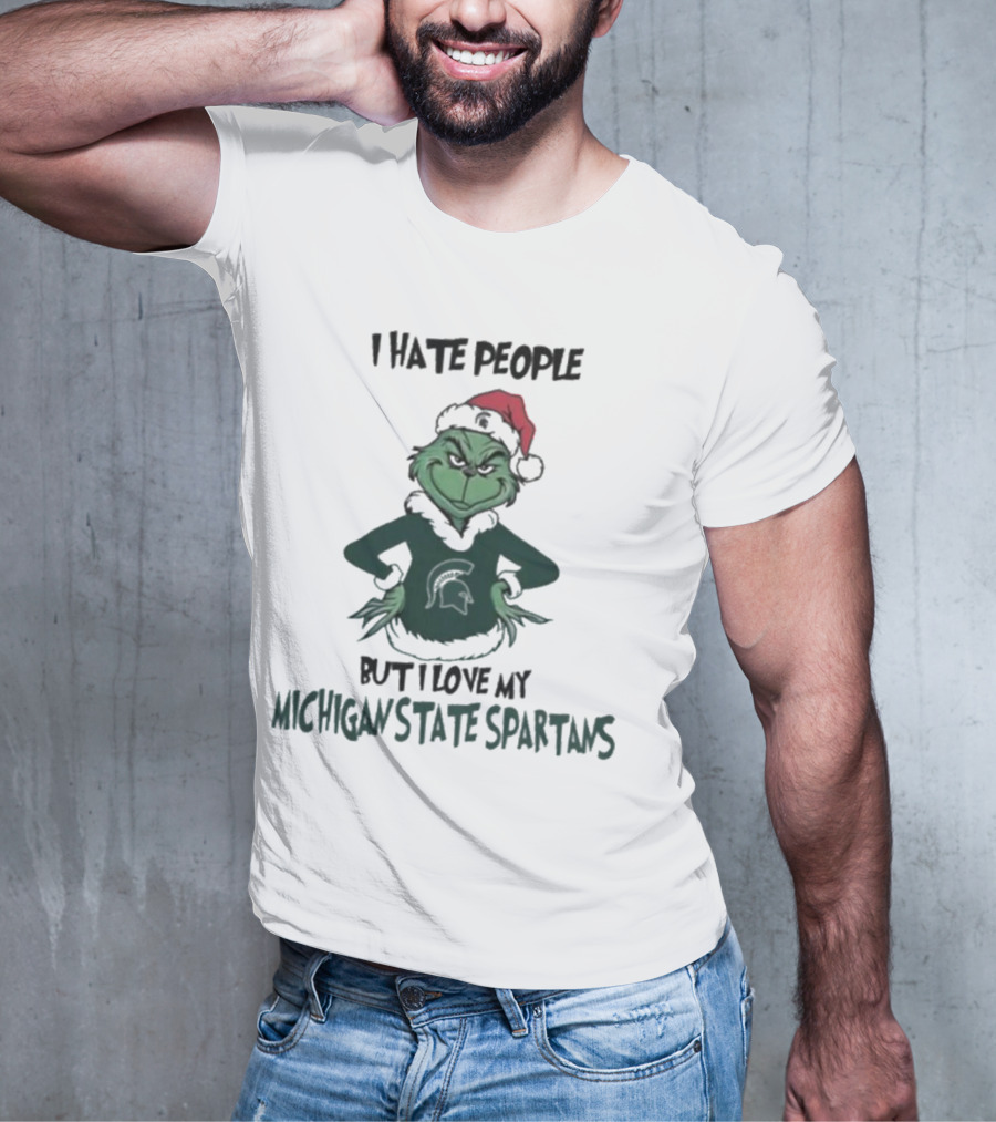 I Hate People But I Love My Michigan State Spartans Grinch Christmas Santa Hat T-Shirt