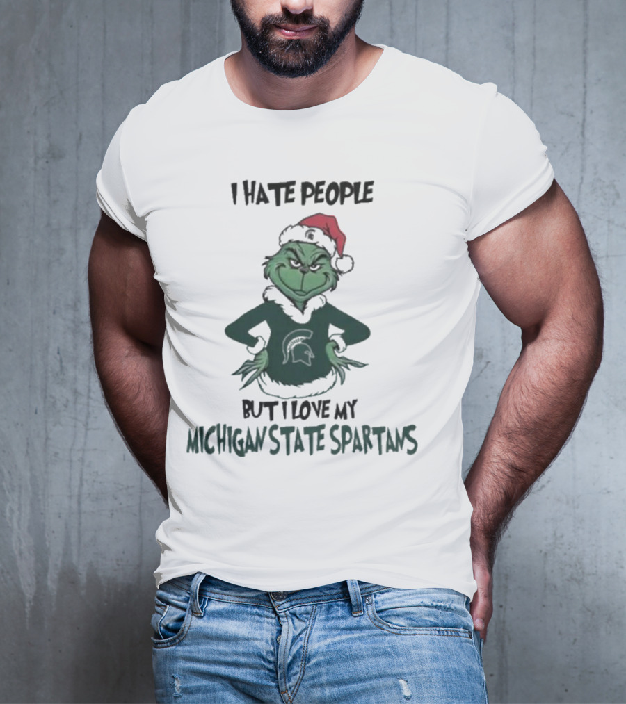 I Hate People But I Love My Michigan State Spartans Grinch Christmas Santa Hat T-Shirt