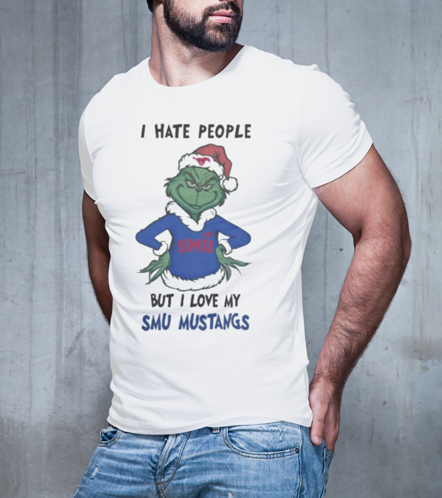 I Hate People But I Love My SMU Mustangs Grinch Santa Hat Christmas T-Shirt
