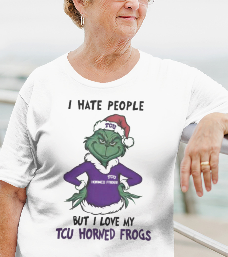 I Hate People But I Love My TCU Horned Frogs Grinch Santa Hat Merry Christmas T-Shirt