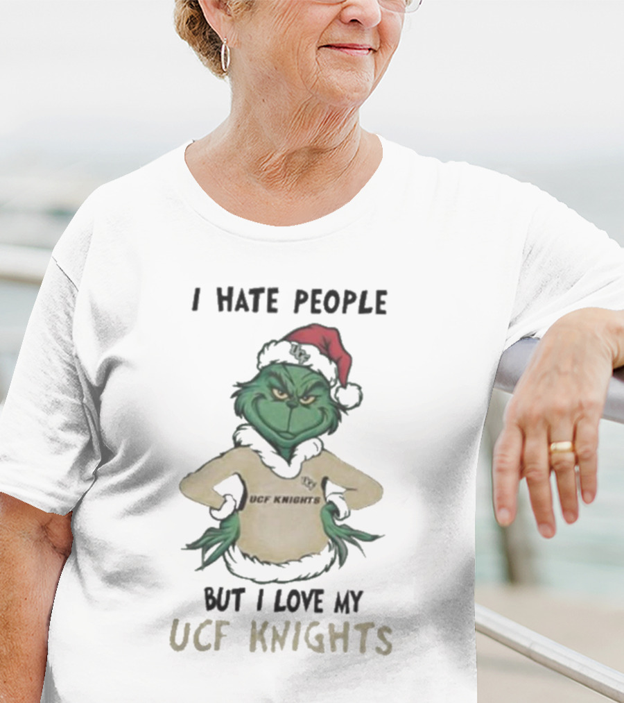 Grinch In Santa Hat I Hate People But I Love My UCF Knights Christmas T-Shirt