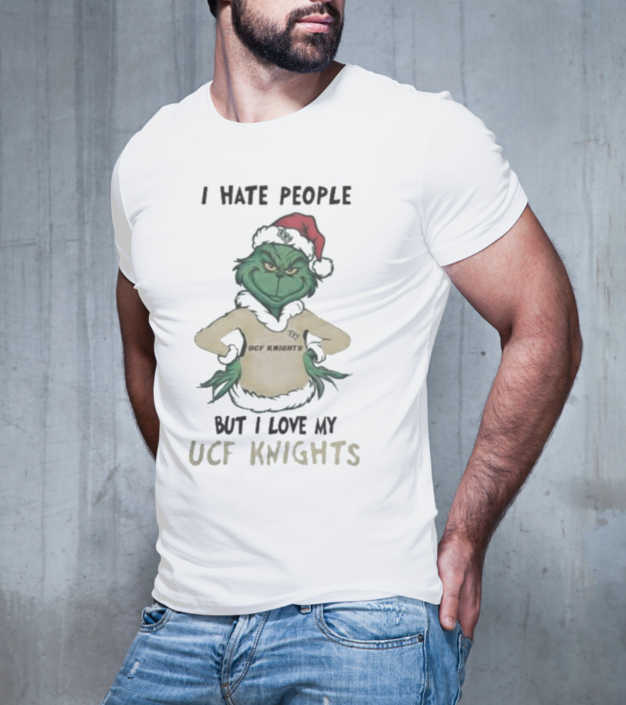 Grinch In Santa Hat I Hate People But I Love My UCF Knights Christmas T-Shirt